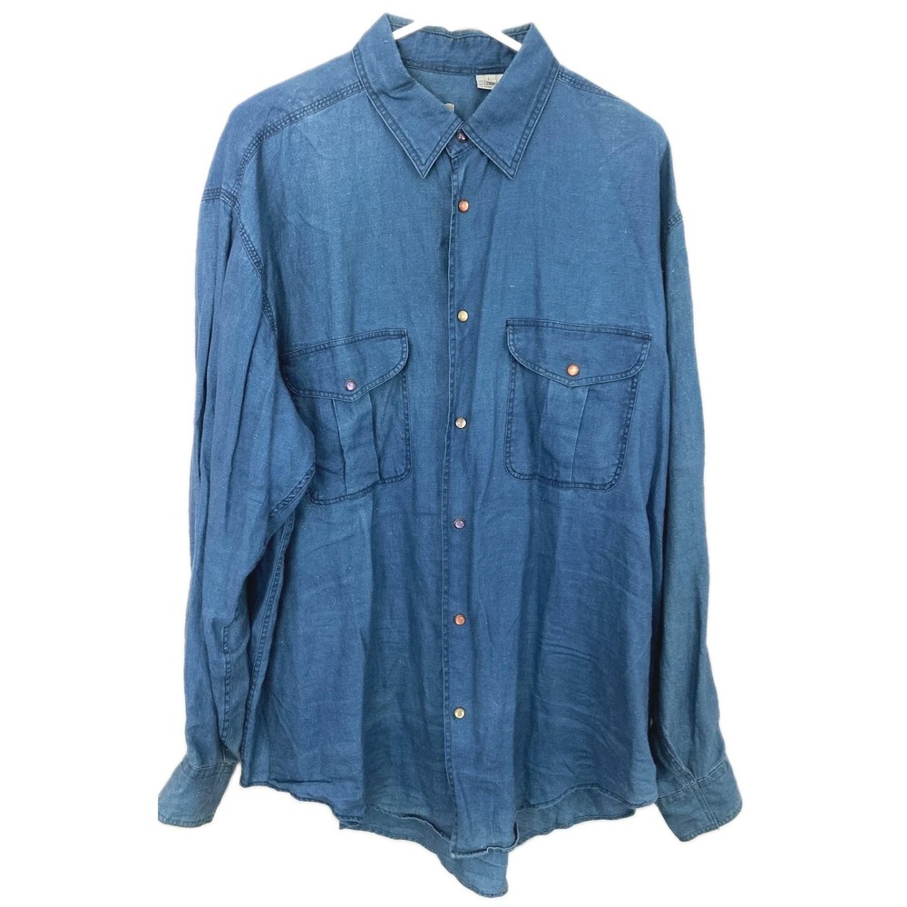 Vtg Barry Bricken Shirt Mens L Blue Linen Pearl Snap Button Hong Kong Western